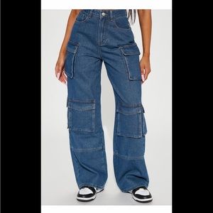 Cargo jeans with cinched waist for nice shaping affect.